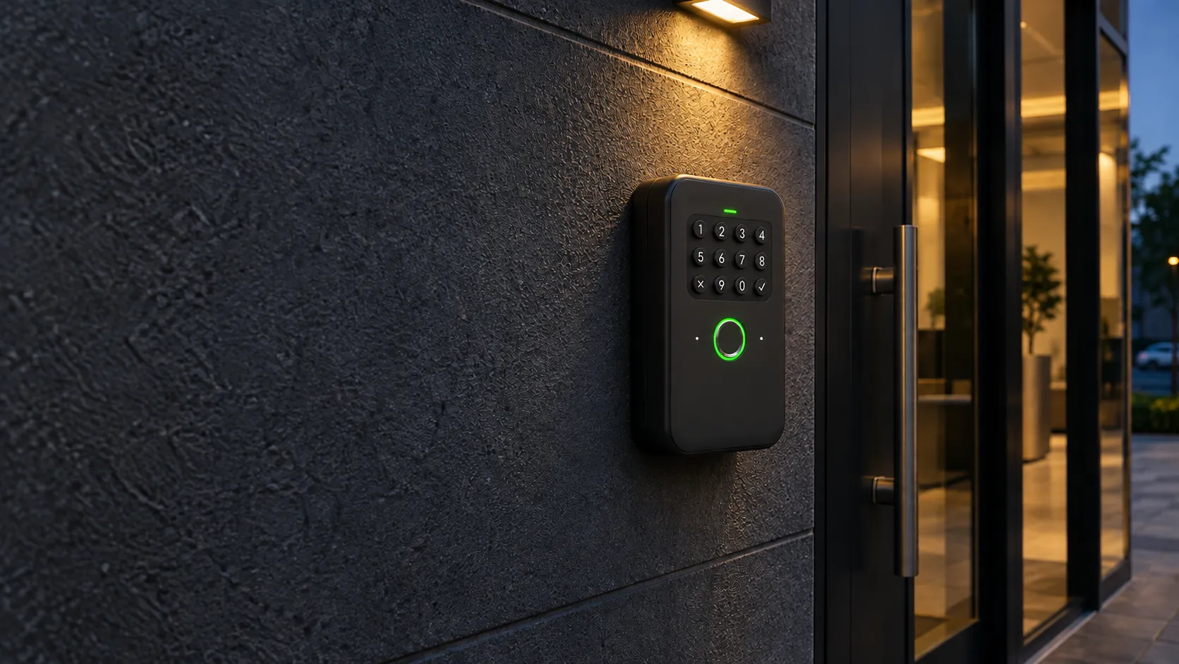 A compact connected key box installed beside a professional office door